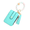 2-PCS Mint green Silicone Bead Keychain Bracelet Wallet PU Leather ID Card Holder with Tassel Wristlet Bangle for Women