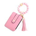 2-PCS Pink Silicone Bead Keychain Bracelet Wallet PU Leather ID Card Holder with Tassel Wristlet Bangle for Women