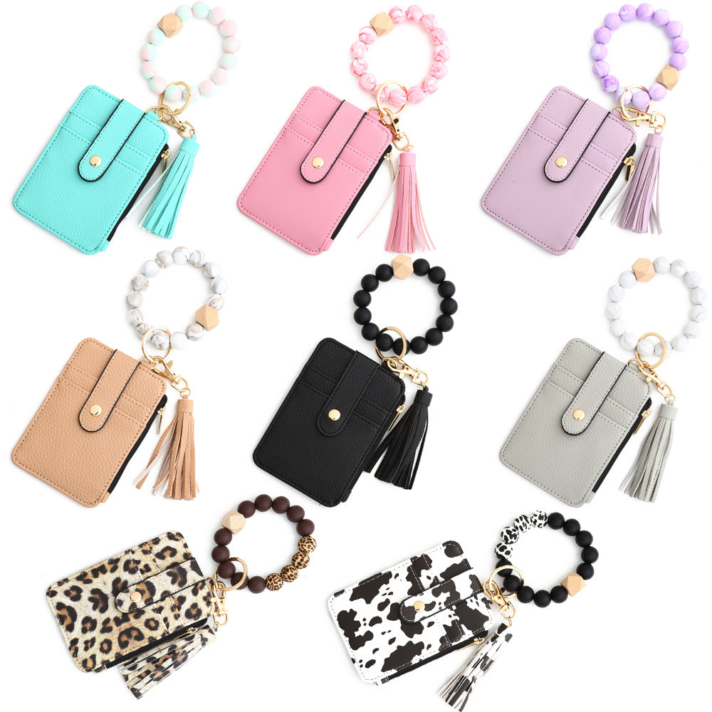 2-PCS Purple Silicone Bead Keychain Bracelet Wallet PU Leather ID Card Holder with Tassel Wristlet Bangle for Women