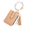2-PCS Khaki Silicone Bead Keychain Bracelet Wallet PU Leather ID Card Holder with Tassel Wristlet Bangle for Women