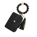 2-PCS Black Silicone Bead Keychain Bracelet Wallet PU Leather ID Card Holder with Tassel Wristlet Bangle for Women