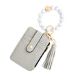 2-PCS Grey Silicone Bead Keychain Bracelet Wallet PU Leather ID Card Holder with Tassel Wristlet Bangle for Women