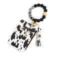 2-PCS Big Cow Silicone Bead Keychain Bracelet Wallet PU Leather ID Card Holder with Tassel Wristlet Bangle for Women