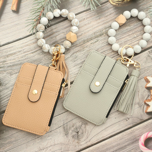 2-PCS Big Cow Silicone Bead Keychain Bracelet Wallet PU Leather ID Card Holder with Tassel Wristlet Bangle for Women