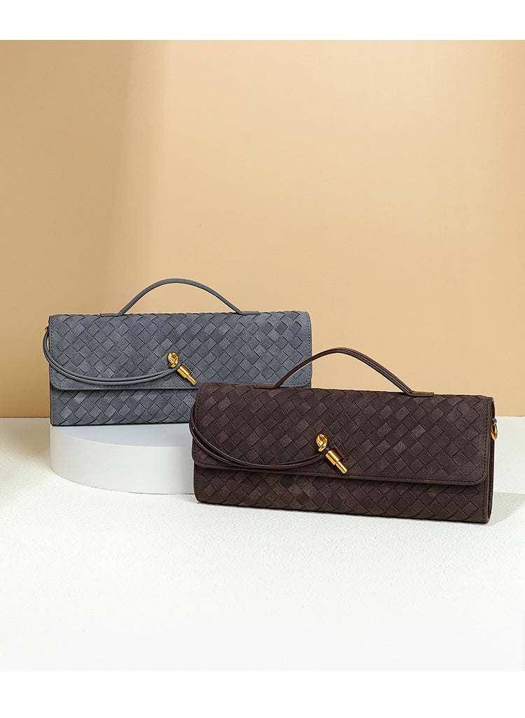 Retro Woven Baguette Handbag for Women Suede Texture PU Leather Shoulder Crossbody Bag Elegant Evening Clutch Coffee Brown