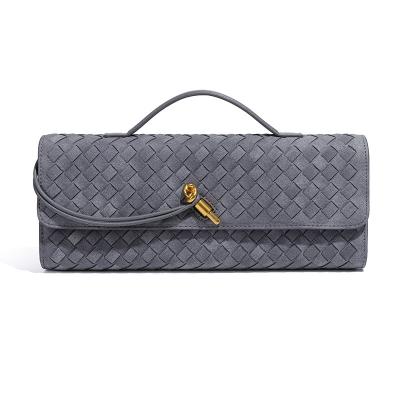 Retro Woven Baguette Handbag for Women Suede Texture PU Leather Shoulder Crossbody Bag Elegant Evening Clutch Warm gray