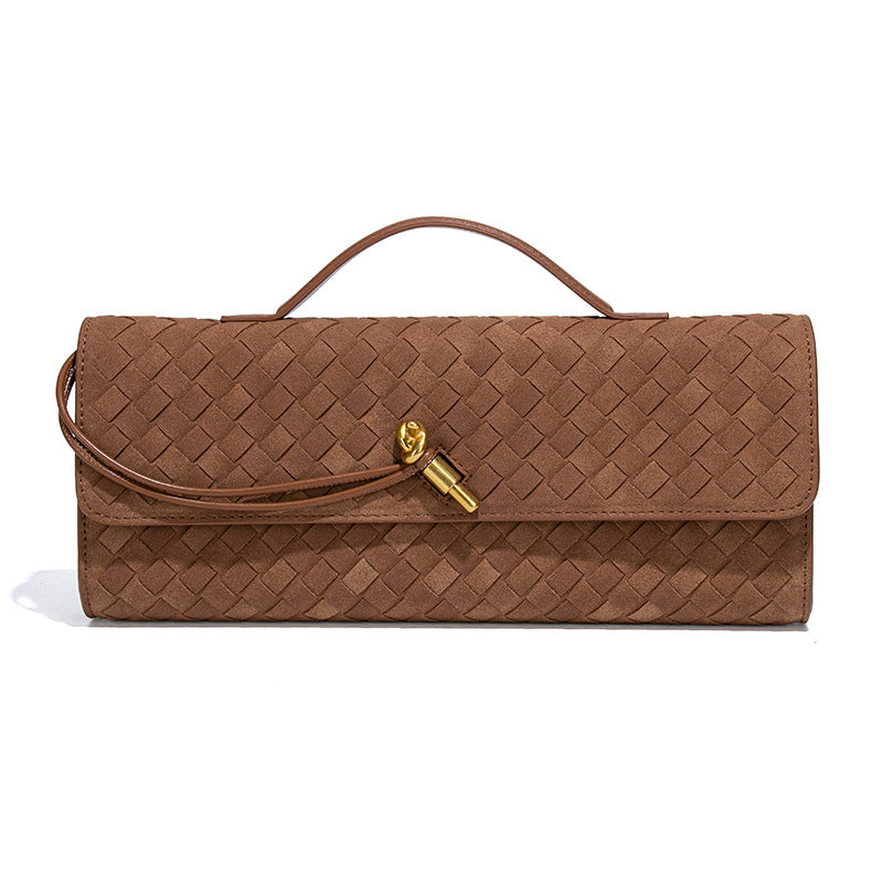 Retro Woven Baguette Handbag for Women Suede Texture PU Leather Shoulder Crossbody Bag Elegant Evening Clutch Brown
