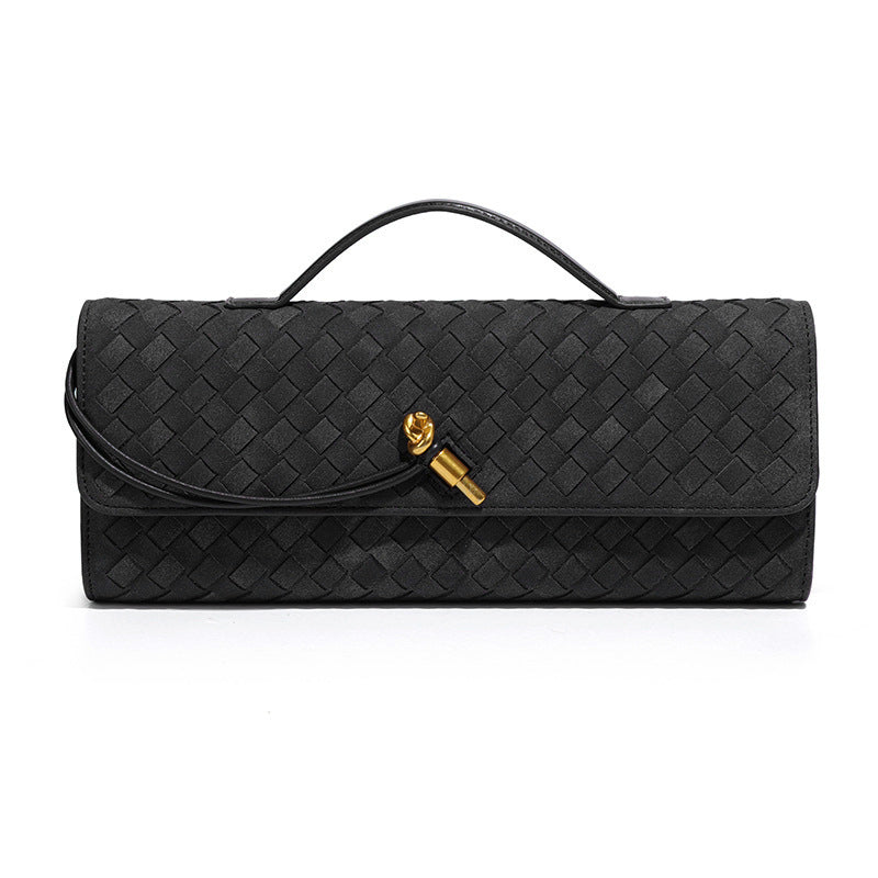 Retro Woven Baguette Handbag for Women Suede Texture PU Leather Shoulder Crossbody Bag Elegant Evening Clutch Black