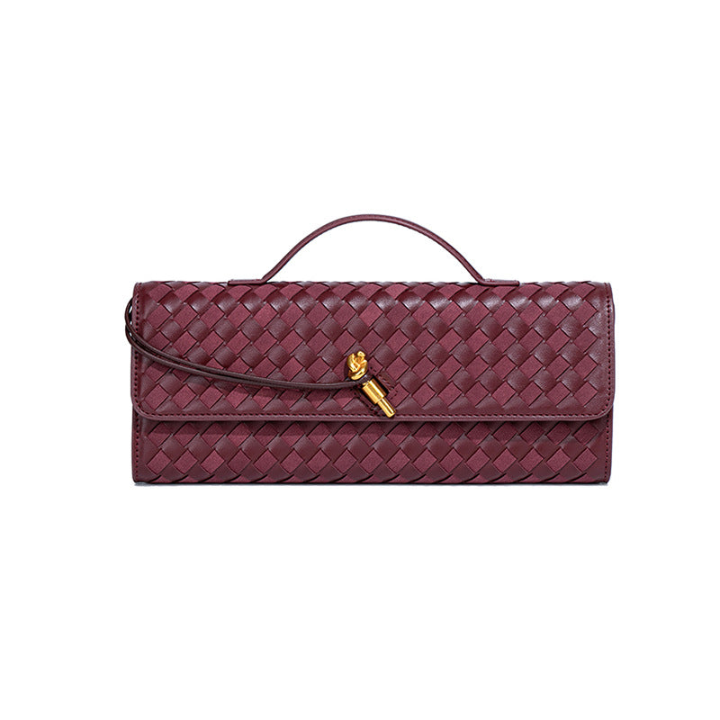 Retro Woven Baguette Handbag for Women Suede Texture PU Leather Shoulder Crossbody Bag Elegant Evening Clutch Burgundy