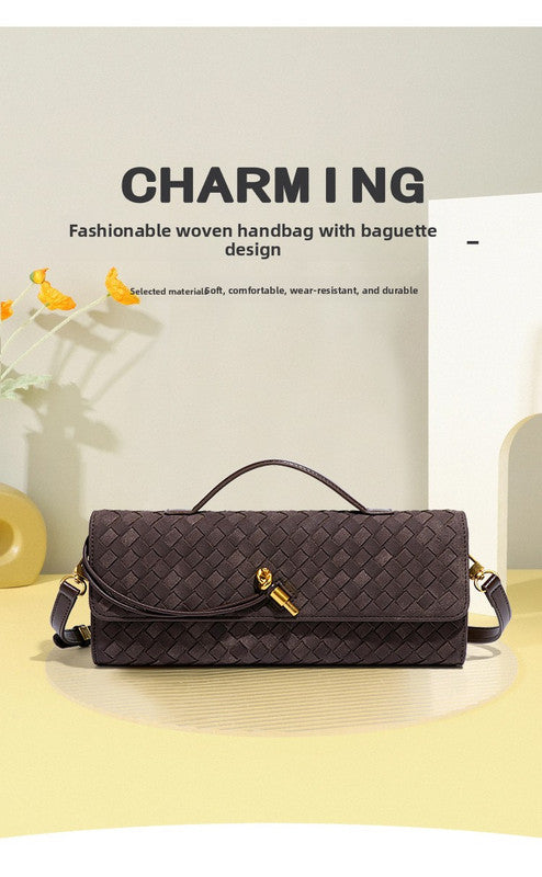 Retro Woven Baguette Handbag for Women Suede Texture PU Leather Shoulder Crossbody Bag Elegant Evening Clutch Burgundy