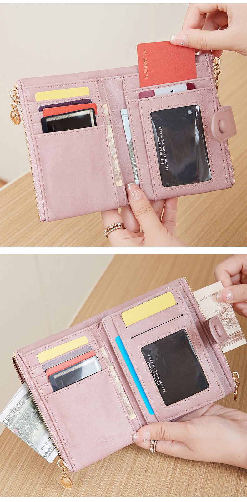 Ladies Compact Wallet Soft Vegan Leather Tri-Fold Purse Double Zipper Coin Pocket with Removable Card Holder High Capacity Multi Slots Pink