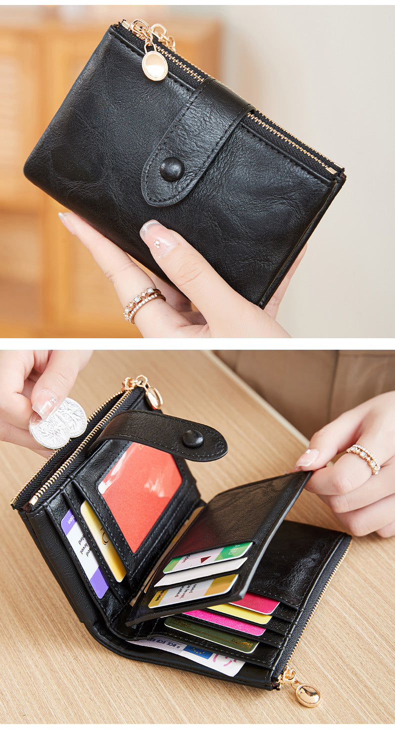 Ladies Compact Wallet Soft Vegan Leather Tri-Fold Purse Double Zipper Coin Pocket with Removable Card Holder High Capacity Multi Slots Black