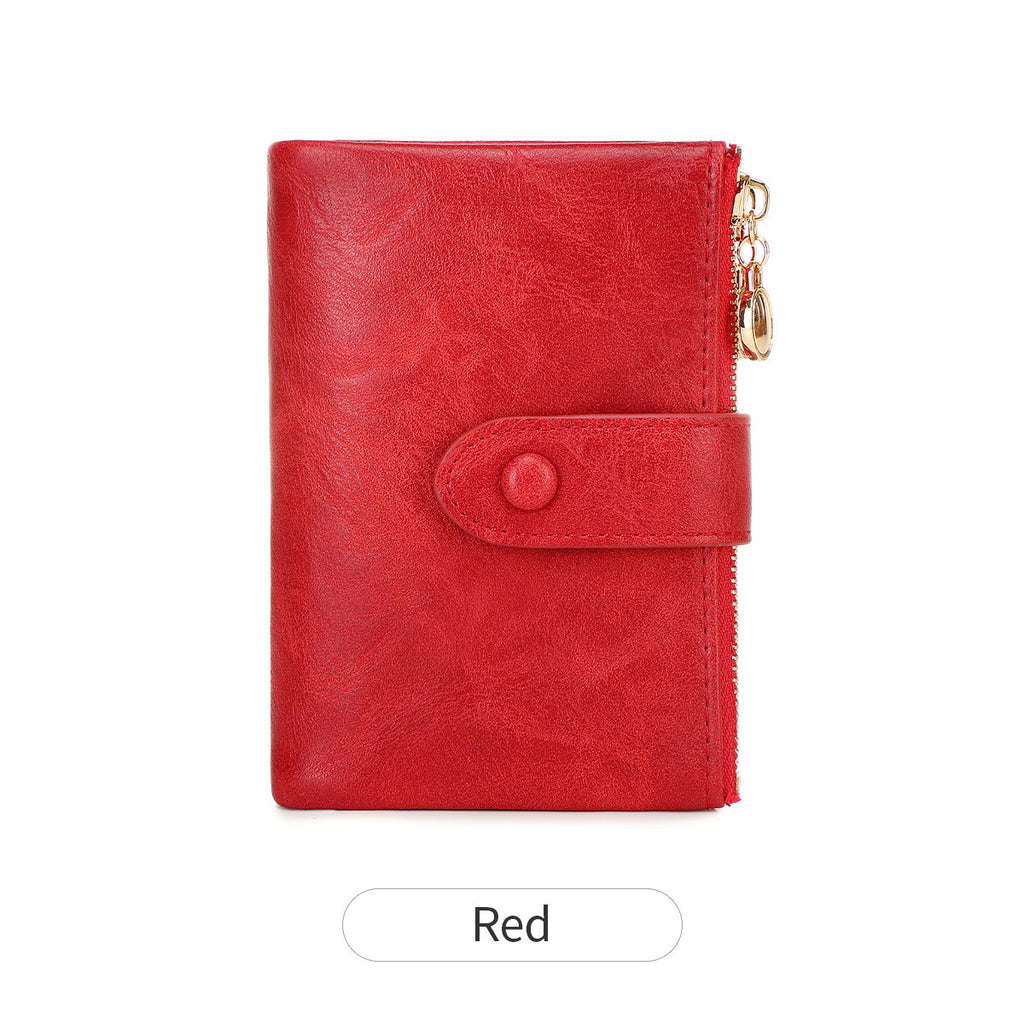 Ladies Compact Wallet Soft Vegan Leather Tri-Fold Purse Double Zipper Coin Pocket with Removable Card Holder High Capacity Multi Slots Red