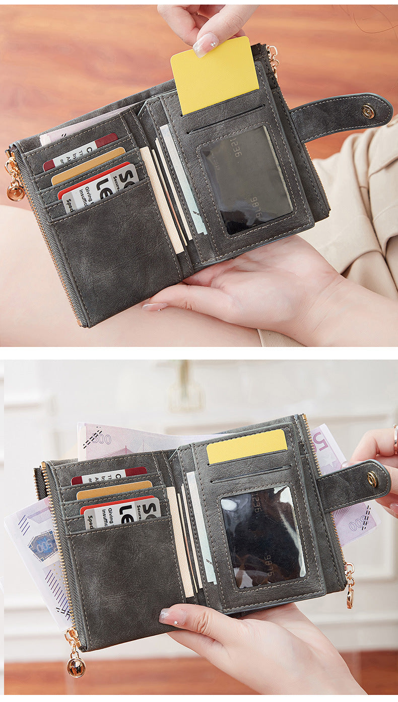 Ladies Compact Wallet Soft Vegan Leather Tri-Fold Purse Double Zipper Coin Pocket with Removable Card Holder High Capacity Multi Slots Grey