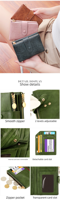 Ladies Compact Wallet Soft Vegan Leather Tri-Fold Purse Double Zipper Coin Pocket with Removable Card Holder High Capacity Multi Slots Grey