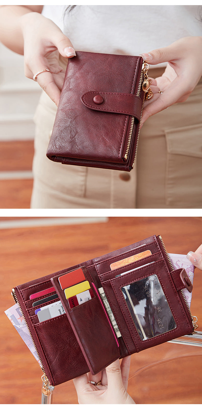 Ladies Compact Wallet Soft Vegan Leather Tri-Fold Purse Double Zipper Coin Pocket with Removable Card Holder High Capacity Multi Slots Purple