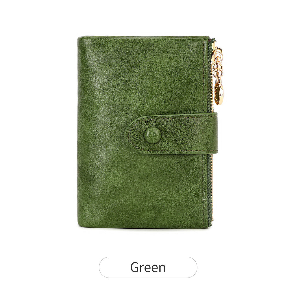 Ladies Compact Wallet Soft Vegan Leather Tri-Fold Purse Double Zipper Coin Pocket with Removable Card Holder High Capacity Multi Slots Green
