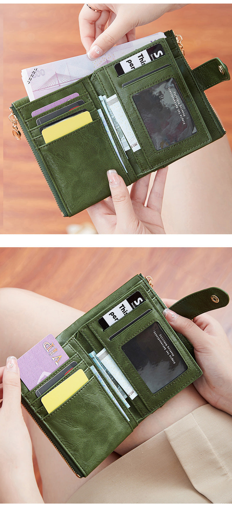 Ladies Compact Wallet Soft Vegan Leather Tri-Fold Purse Double Zipper Coin Pocket with Removable Card Holder High Capacity Multi Slots Green