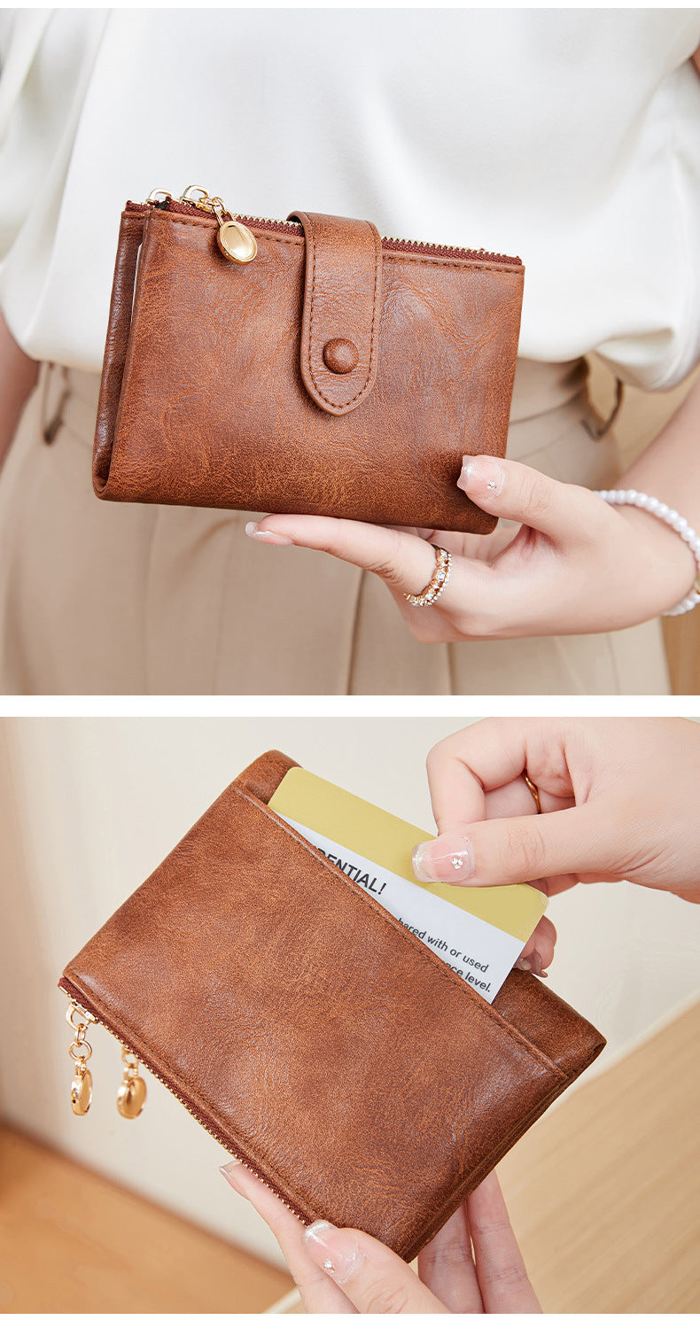 Ladies Compact Wallet Soft Vegan Leather Tri-Fold Purse Double Zipper Coin Pocket with Removable Card Holder High Capacity Multi Slots Brown