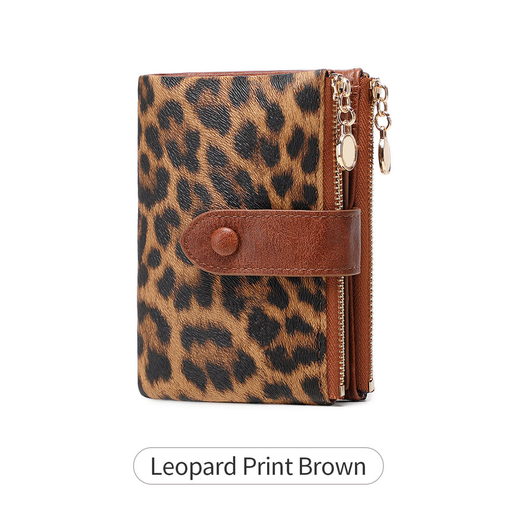 Ladies Compact Wallet Soft Vegan Leather Tri-Fold Purse Double Zipper Coin Pocket with Removable Card Holder High Capacity Multi Slots Leopard Print Brown