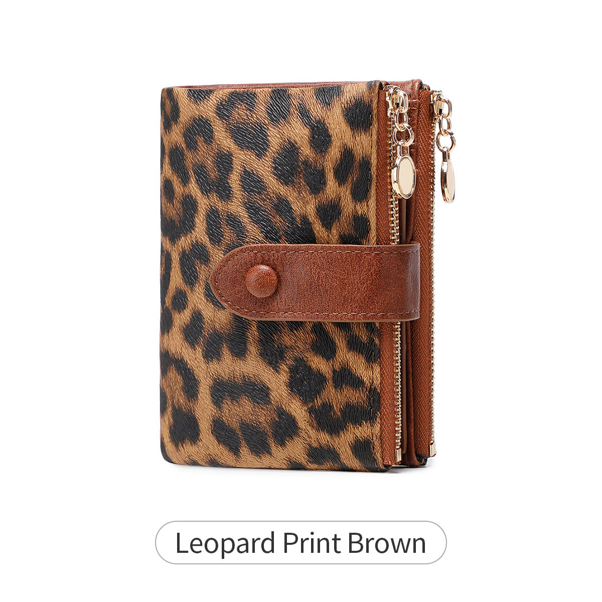 Ladies Compact Wallet Soft Vegan Leather Tri-Fold Purse Double Zipper Coin Pocket with Removable Card Holder High Capacity Multi Slots Leopard Print Brown
