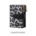 Ladies Compact Wallet Soft Vegan Leather Tri-Fold Purse Double Zipper Coin Pocket with Removable Card Holder High Capacity Multi Slots Leopard Print Black