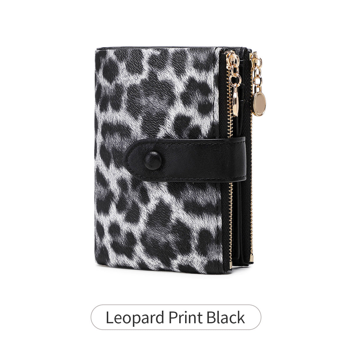 Ladies Compact Wallet Soft Vegan Leather Tri-Fold Purse Double Zipper Coin Pocket with Removable Card Holder High Capacity Multi Slots Leopard Print Black