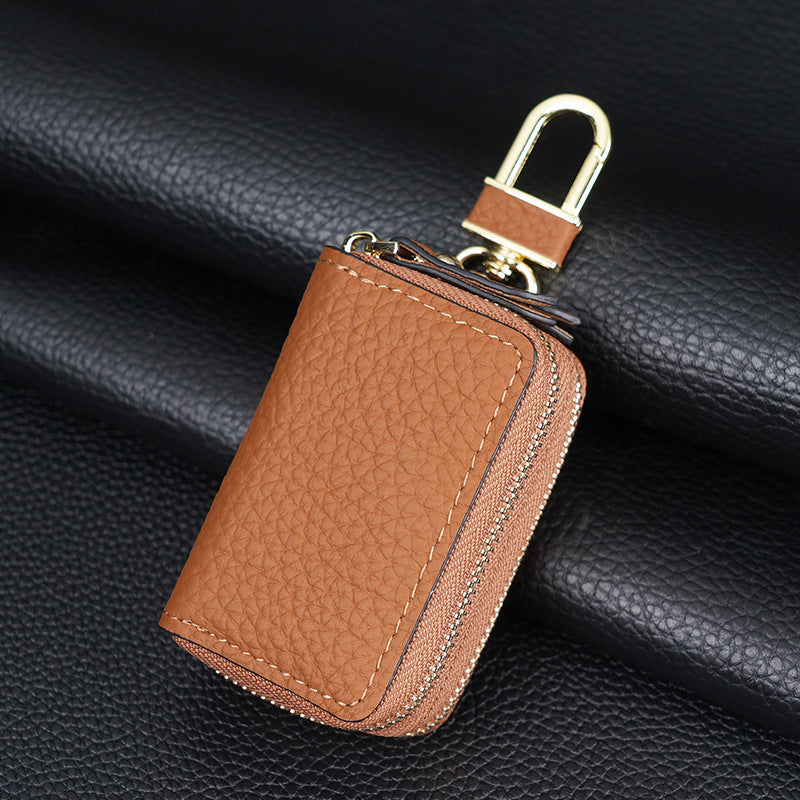 Genuine Leather Car Key Case Double Zipper Smart Key Fob Holder Wallet Remote Organiser Pouch with Hook Brown