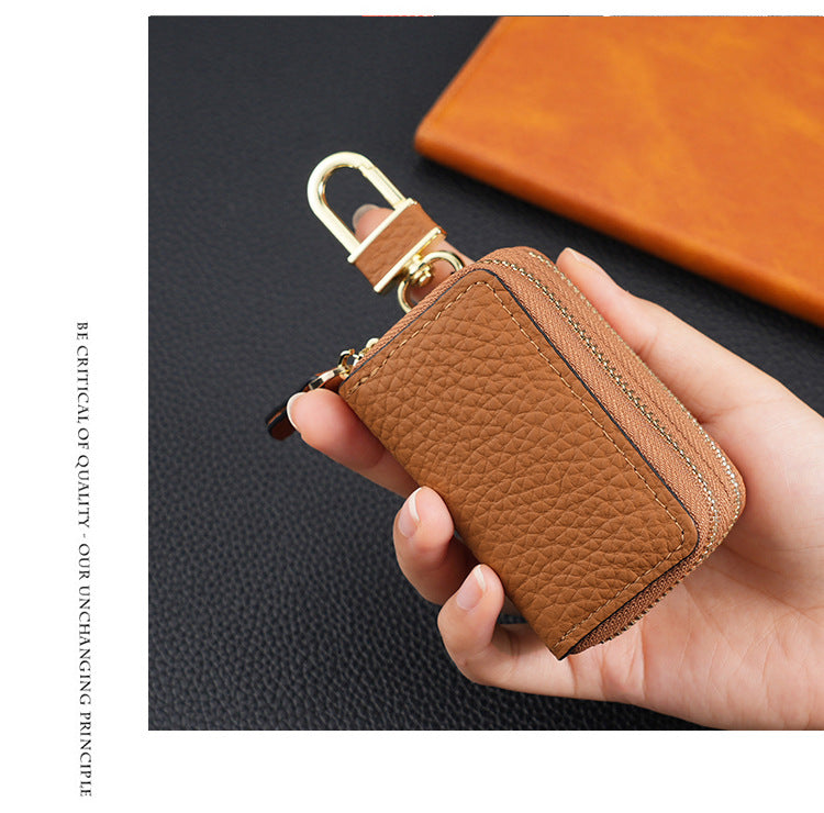Genuine Leather Car Key Case Double Zipper Smart Key Fob Holder Wallet Remote Organiser Pouch with Hook Brown