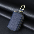 Genuine Leather Car Key Case Double Zipper Smart Key Fob Holder Wallet Remote Organiser Pouch with Hook Dark Blue