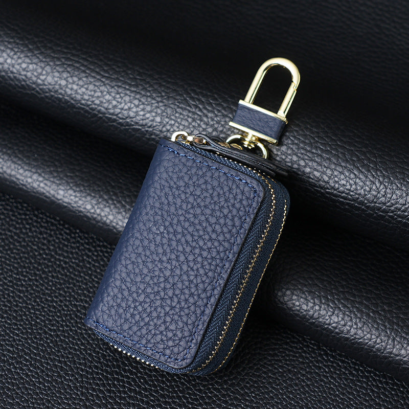 Genuine Leather Car Key Case Double Zipper Smart Key Fob Holder Wallet Remote Organiser Pouch with Hook Dark Blue