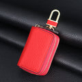 Genuine Leather Car Key Case Double Zipper Smart Key Fob Holder Wallet Remote Organiser Pouch with Hook Red
