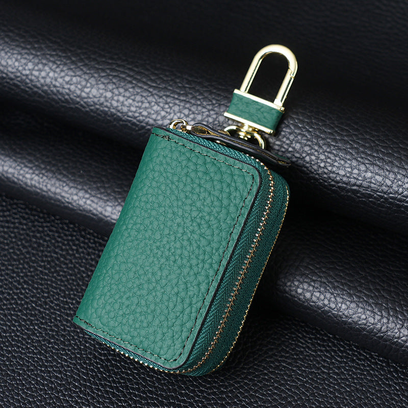 Genuine Leather Car Key Case Double Zipper Smart Key Fob Holder Wallet Remote Organiser Pouch with Hook Dark Green