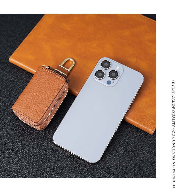Genuine Leather Car Key Case Double Zipper Smart Key Fob Holder Wallet Remote Organiser Pouch with Hook Orange