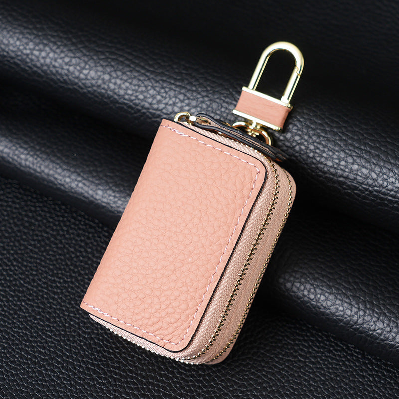 Genuine Leather Car Key Case Double Zipper Smart Key Fob Holder Wallet Remote Organiser Pouch with Hook Pink