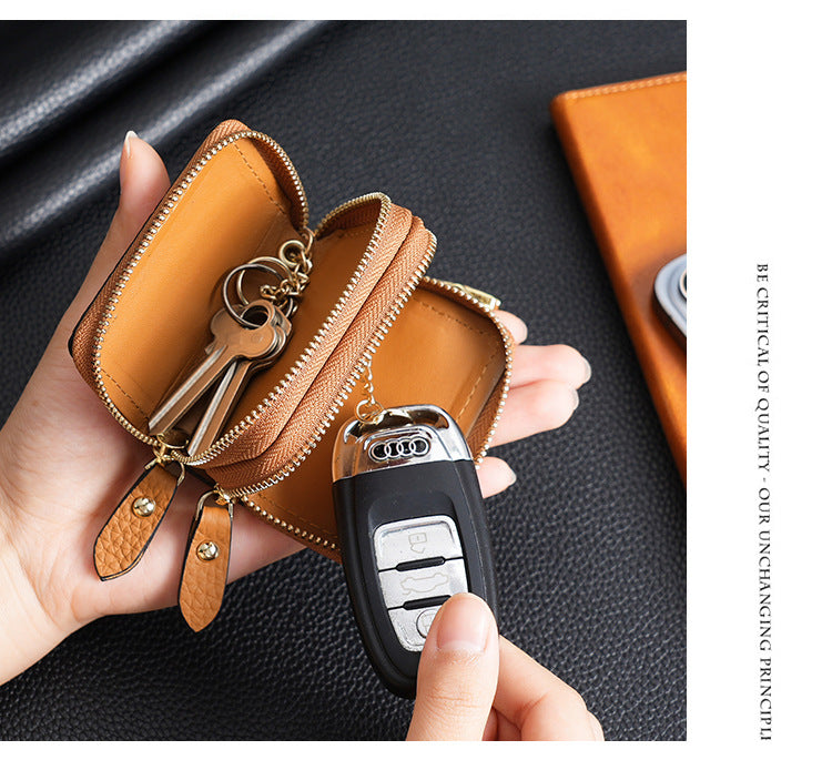 Genuine Leather Car Key Case Double Zipper Smart Key Fob Holder Wallet Remote Organiser Pouch with Hook Pink