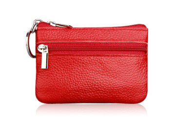 Small Coin Purse Key Ring Wallet Mini Change Pouch Dual Zipper Pocket PU Leather Portable Storage Bag Red
