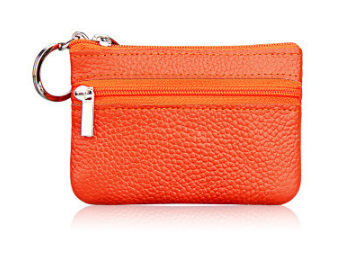 Small Coin Purse Key Ring Wallet Mini Change Pouch Dual Zipper Pocket PU Leather Portable Storage Bag Orange